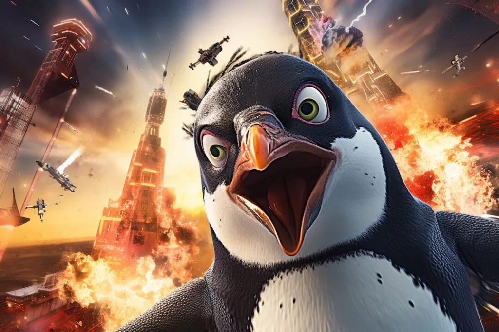 A cartoon style image of a closeup of an angry looking penguin we carnage in the background.