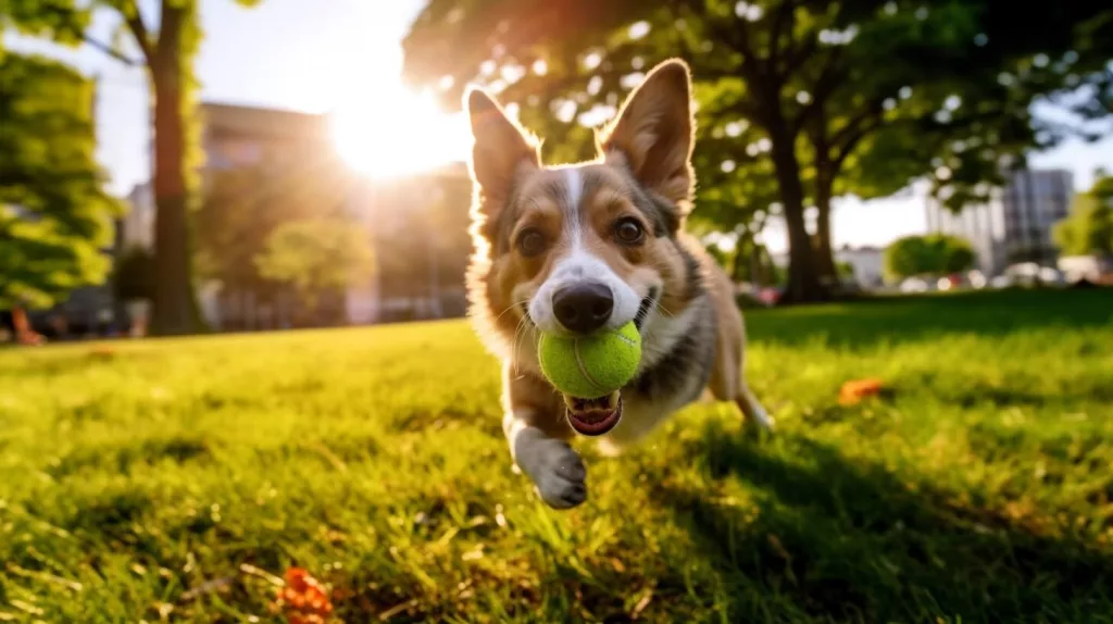An AI generated image of r running dog with a tennis ball in its mouth